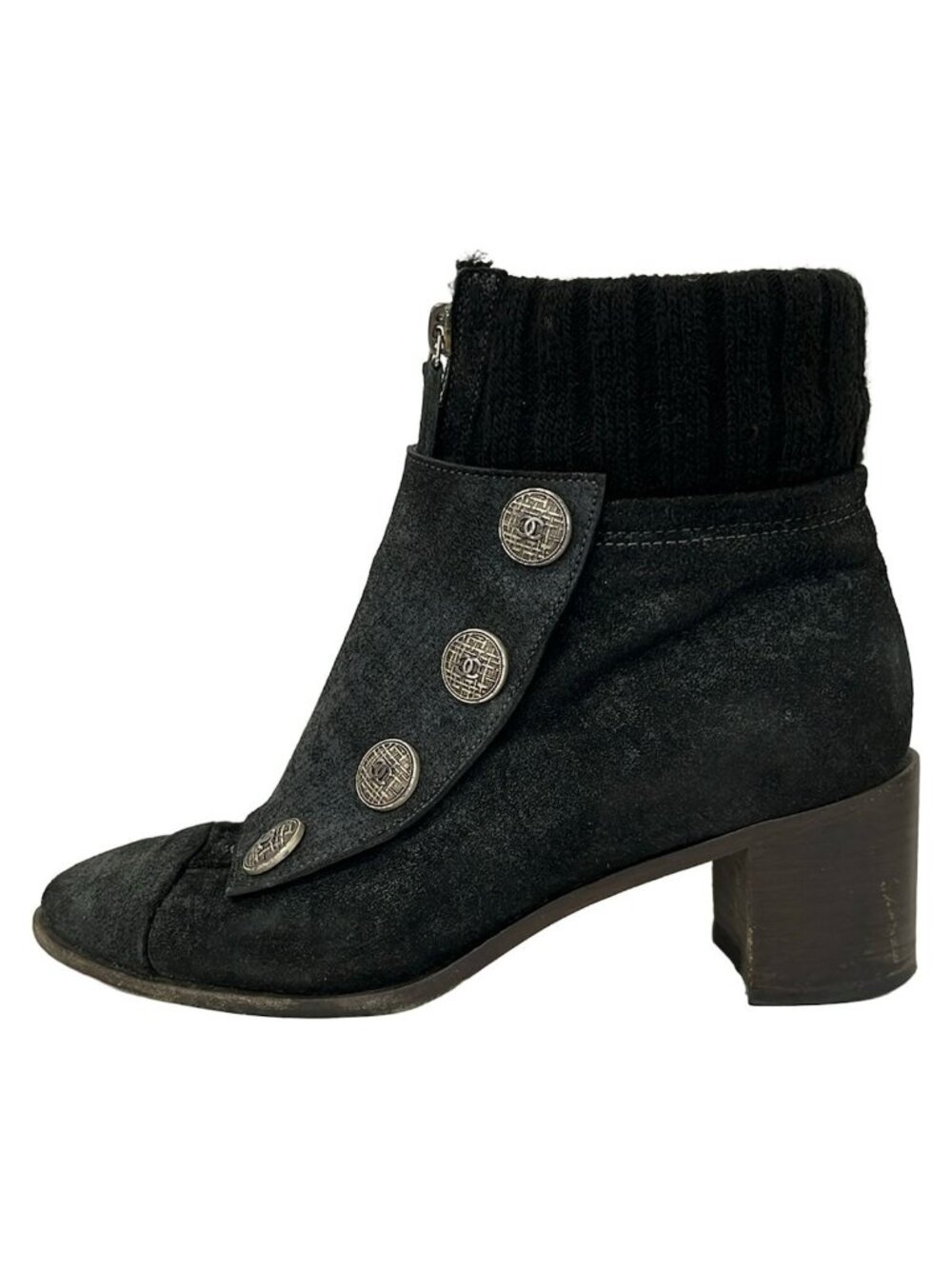 Chanel Short Boots C Black Silver Wool 37